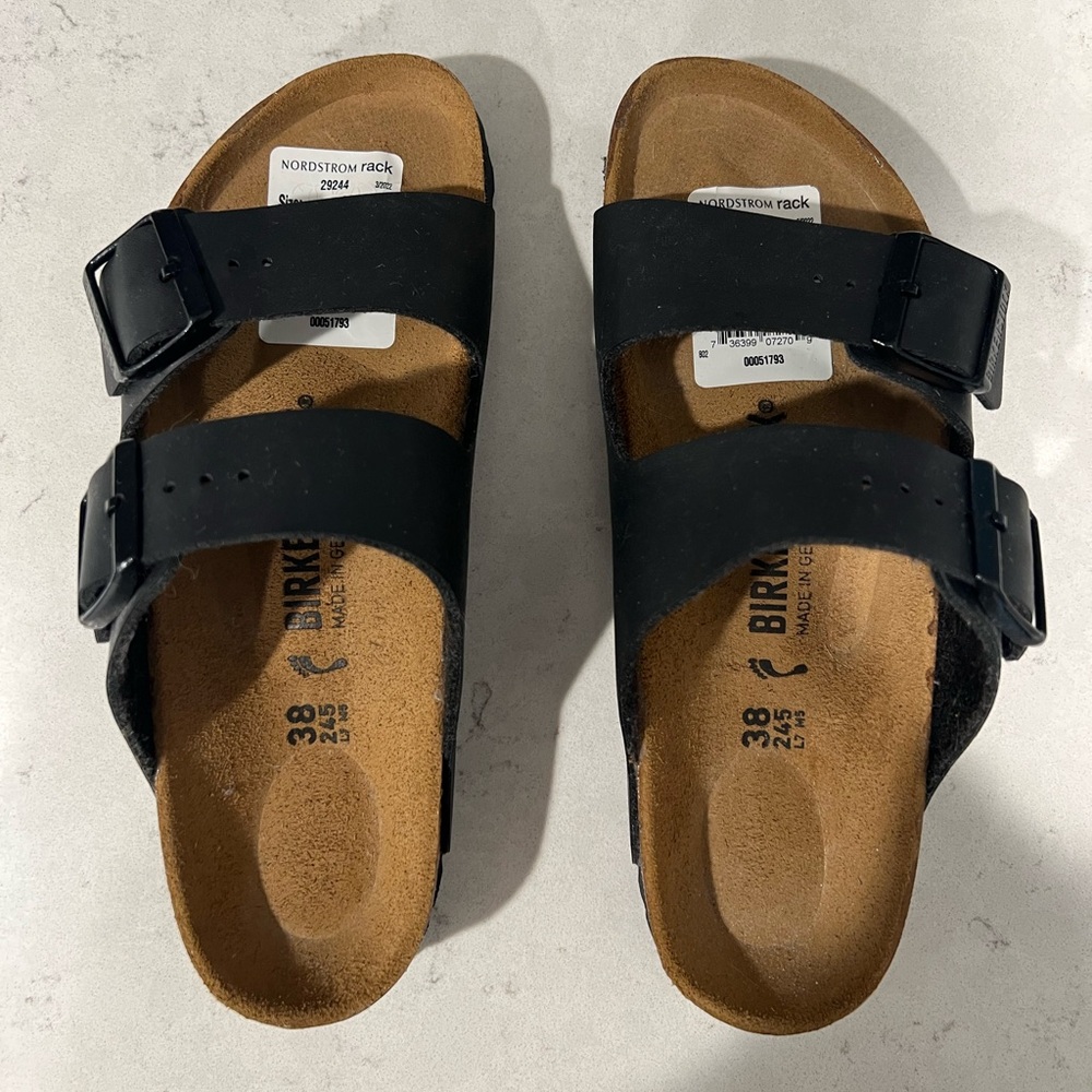 Birkenstock Women’s Arizona Black Leather Sandals Sz 38 Outdoor Slip On Buckle